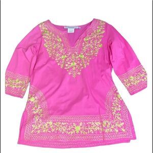 Gretchen Scott pink tunic w/ lime green stitching